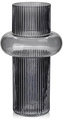 Briful Jarrón de cristal de 25 cm de alto para flores, jarrón decorativo de cristal moderno, jarrón ranurado estilo jarrón gris cristal decoración de mesa para boda, oficina, sala de estar