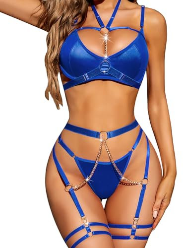RSLOVE Damen Dessous Set mit Strapse - Sexy Unterwäsche BHS und Slips Reizwäsche 6-Teilig Blau L