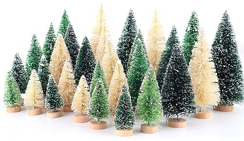 30 Stück Flaschenbürstenbäume, Miniatur-Weihnachtsbaum, Mini-Weihnachtsbaum, Weihnachtsdekorationen für den Innenbereich (Grasgrün + Grün + Weiß)