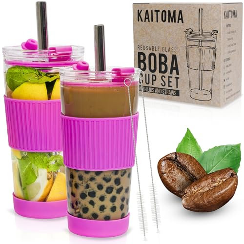 Kaitoma 2-Pack 560ml Reusable Glass Bubble Tea Cups/Boba Cup | Leakproof Tumblers with Straws & Lids | Iced Coffee Cups | Travel Cup for Smoothies, Slushies & More + 12mm Boba Straws (Hot Pink)