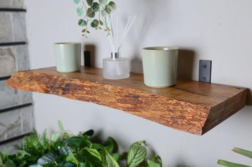 Lang Horn Wandregal Mango Holz Baumkante Rustikales schwebendes Regal 76cm mit schwarzem Basic Regalträger