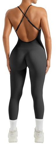 OMKAGI Seamless Gerippte Jumpsuit Damen Eng Rückenfreie Sleeveless Yoga Sport One Piece Romper High Neck Einteiler Workout Playsuit(M,Schwarz)