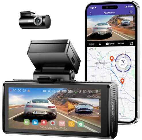 AZDOME M580 5K 5GHz WiFi Dash Cam Front and Rear, 4 Inch Touchscreen Dash Camera for Cars, Free 64GB Card Dash Camera 4K+1080P GPS WDR Night Vision 24H 4 Modes Parking Monitor, Max up Support to 256GB