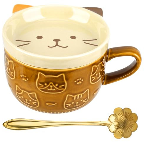 JABNOW Tasse Café, 300ml Cadeau Mug Chat, Tasse en Céramique Personnalisé, Tasse à Café avec Couvercle et Cuillère Mignonne, Cadeau pour Collègue, Ami, Famille, Anniversaire, Fête, Noël