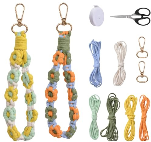 WANDIC Makramee-Kit, 2 Farben, Boho-Webblumen-Armband, Handgelenk-Schlüsselband, Strickset für Autoschlüssel, Geldbörse, Handygeldbörse