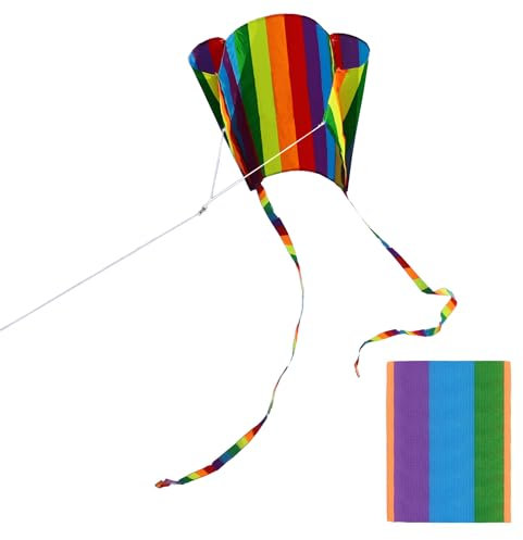 Regenbogen Drachen, Bunter Kinder Drachen mit Zwei Langen fließenden Schwänzen, Leicht zu Fliegender Drachen komplett mit Schnur, Ideal für Outdoor-Aktivitäten (Streifen)