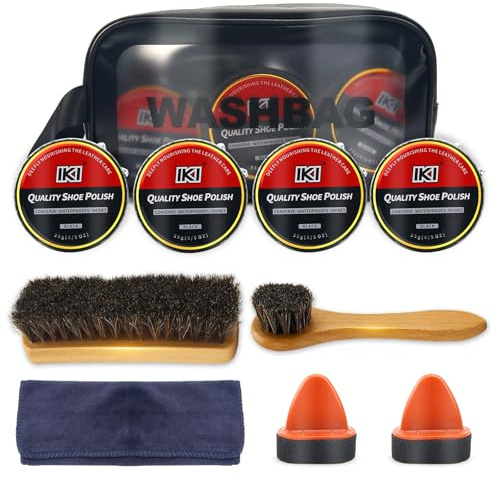 IKI Premium Lederschuh-Pflege-Set: 4 schwarze Eisen-Box-Polituren, Buchen-Rosshaar-Bürste, langstielige Bürste, Hochfaser-Handtuch, 2 Schwamm-Bürstenköpfe - Komplettset zum Polieren (1, Pfund)…