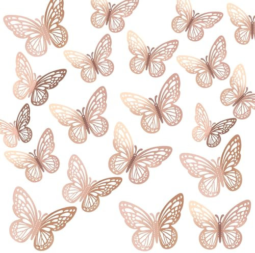 48 pieces Stickers Décoratif Papillon Rose Gold, Decoration Anniversaire, Stickers Muraux Papillon 3D, Autocollants Papillon Realiste pour Deco Gateau, Ballon, Fleur, Miroir, Cadre Photo, Cadeau