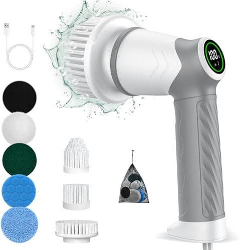 Elektrische Reinigungsbürste, Reinigungsgerät für Haushalt, Kabellos Power Spin Scrubber mit 7 Bürstenköpfen, 2 Speed Integrierte übertragung, Cleaning Brush für Fliesen, Duschen, Glas, Bad