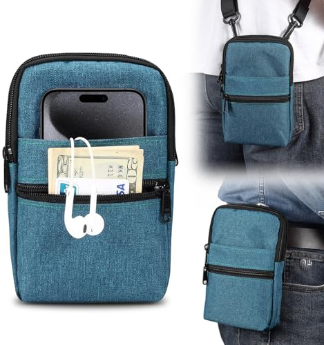 Multifunction Dual Phone Holster Belt Loop Crossbody Bag for iPhone 15 14 Pro Max Case Holder with Shoulder Strap Smartphone Walking Passport Wallet[Carabiner],Blue