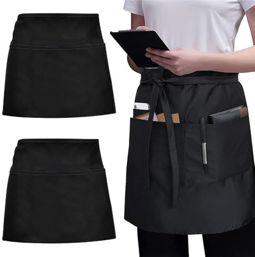 MQWDGJ Kellnerschürze, 2 Stück Taillenschürze, 86x55cm Vorbinder Schürze Kochschürze Kellnerschürze mit 3 Taschen Wasserdichte Halbe Schürze für Küche Restaurant Café (Schwarz)