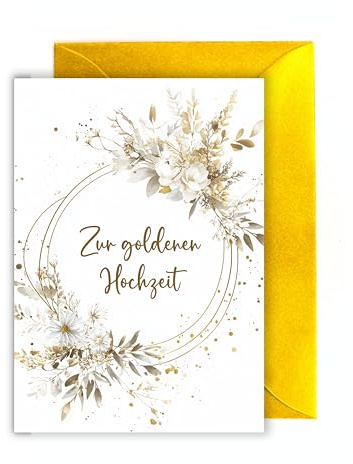 WBdesignz Goldene Hochzeit karte mit Umschlag - Geschenkkarte zum Jahrestag Gold Blumenkranz Glückwunschkarte zum Hochzeitstag Liebe Ehe Ehepaar Jubiläum (DIN A6)