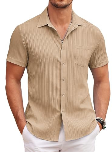 COOFANDY Camisa Informal de Manga Corta de Verano para Hombre Camisas con Cuello Kent y Botones Camisa Informal de Rayas Onduladas con Bolsillo Caqui XXL