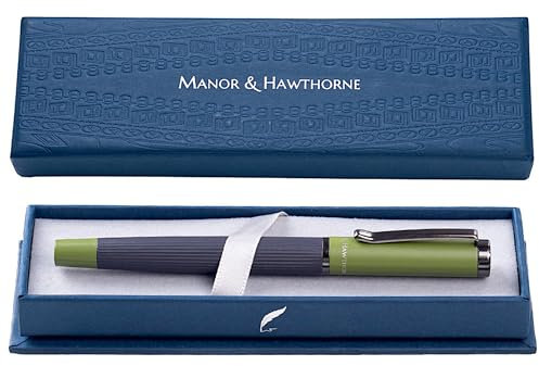 Manor & Hawthorne Personalised Fountain Pen - Engraving Available in Black, Red, Blue, and Green - Gift-Boxed Writing - Black & Blue ink & Converter (Black with Green Cap)