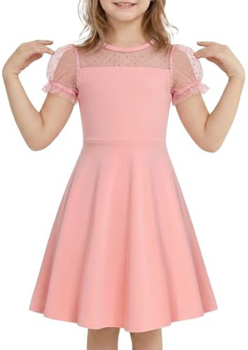 JiAmy Vestito Bambine Estate con Maniche a Palloncino, Abito Principessa con Inserti in Tulle Elegante, Abbigliamento per Ragazze 5-14 Anni | Vita alta Solido Principessa Tween Scuola Casual Abiti al ginocchio per la ragazza