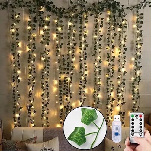 SUAVER Guirlande de lierre artificiel - Alimentation USB - 3 x 2 m - Décoration de jardin - Avec 200 LED - Pour mariage, bureau, jardin, fête - Décoration murale (blanc chaud)