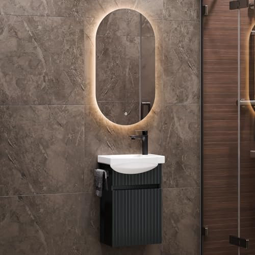 Planetmöbel Waschbecken mit Unterschrank 40 cm inkl. Keramikwaschbecken und Badspiegel mit Beleuchtung oval, Gäste WC Badmöbel Set, anthrazit matt
