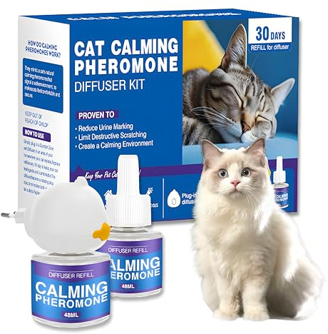 SilverChry Difusor De Feromonas para Gatos, Feromonas para Gatos, 60 Días Difusor Feromonas Gatos para Antiestres Gatos, Kit Difusor Tranquilizante para Gatos Calmante (1 Difusor + 2 Recambios 48ml)