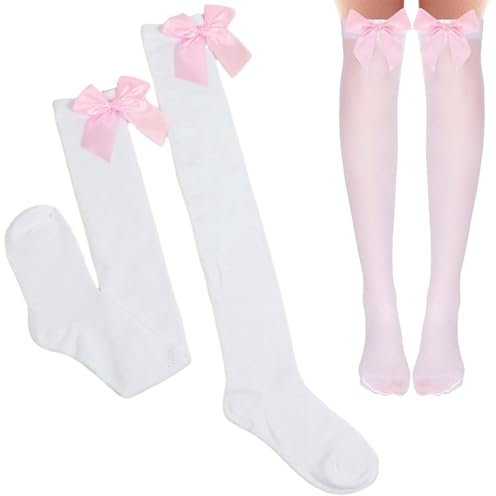 Bangbobi Bas au-Dessus du Genou en Satin Blanc pour Femme avec nœud - 2 Paires, Cuissardes, mi-Bas pour Femme - Parfait pour Les fêtes et Le Cosplay