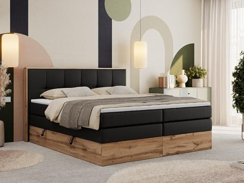 MKS MEBLE Boxspringbett 200x200 cm mit Bettkasten, Holzrahmen – Boxspringbett mit Matratze H4 & Kopfteil – Schwarz Kunstleder – Albero 1 King – Topper T25