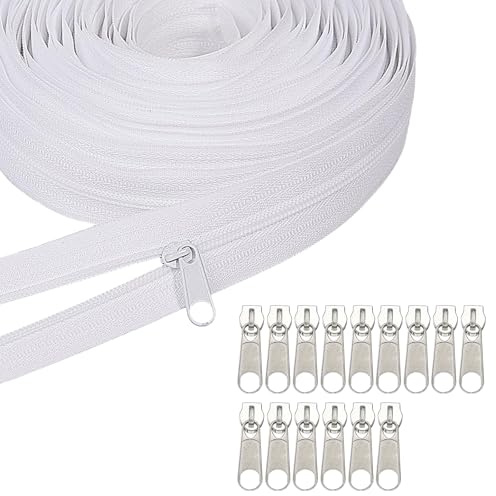 Endlosreißverschluss mit Zipper, 5m Endlos Reissverschluss mit 15 Metall Schieber, Weiß Nylon Reißverschluss Meterware für Bettwäsche Tasche Kleidung Taschen