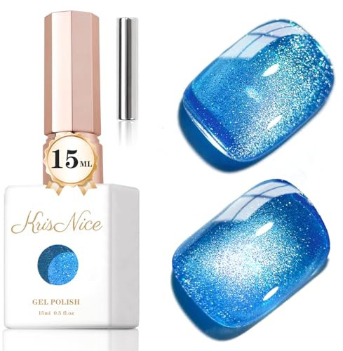 KRISNICE 0.5 OZ Cat Eye Gel Polish with Magnet 15ML Holographic Blue Glitter Shimmer Translucent Jelly Color Magnetic Nail Polish Salon DIY at Home (Blue Glitter-MY011)
