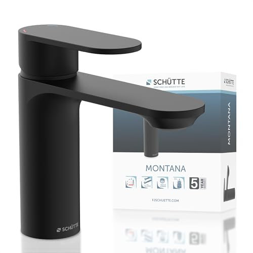 SCHÜTTE Waschtischarmatur MONTANA 32316, Wasserhahn Bad mit Ablaufgarnitur, Armatur Badezimmer, Einhebelmischer Badezimmer mit Pop Up Abflussstopfen, Mischbatterie Waschbecken, Schwarz