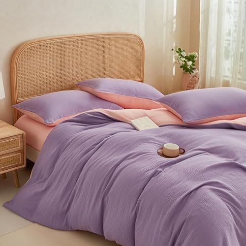 Gezu Baumwolle Bettwäsche 135x200 Muslin Lila Renforce Uni Sommer Bettwäsche Set Knitterlook Weiche Bettbezug Rosa Bügelfrei mit Reißverschluss und Kissenbezug 80x80cm
