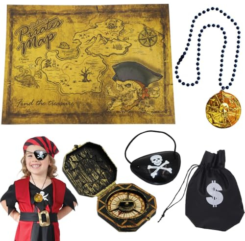 Teegxddy 5 Stück Piraten Kompass Halskette Set, Pirate Accessories, Halloween-Party-Verkleidung, Enthält Augenklappe, Kompass, Halskette, Karte und Schwarzen Beutel mit Dollarzeichen