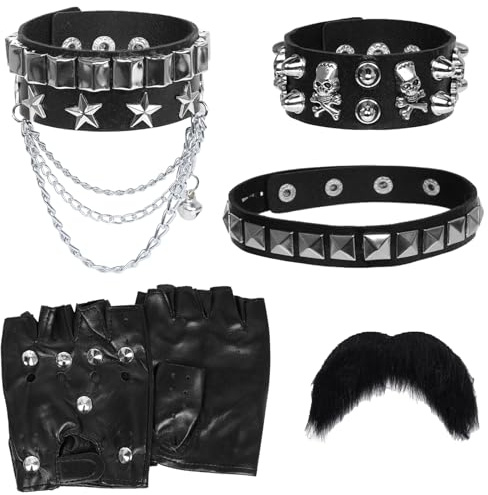 6-Teiliges Set Punk Accessoires, Punk Nietenarmband Leder Schwarz Handschuhe Verstellbare Halsband und Bart Schwarz Gothic-Outfit Set für Karneval