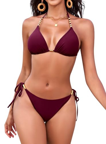 FemiChic Bikini Damen Set Triangle Neckholder Bikini String Low Waist Bikinihose Zweiteiliger Sommer Strand Bademode