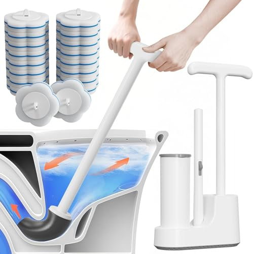 Disposable Toilet Brush and Plunger Set, Dual Handdle Toilet Plunger, All-in-1 Bathroom Cleaning Kit with 18PCS Refills, Toilet Cleaning Stick and Ventilated Holder, Bathroom Essentials (White)