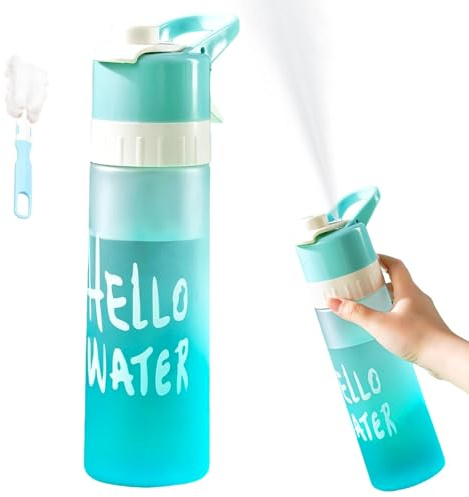 Botella de agua de 650 ml con cepillo para taza, 2 en 1, para rociar y beber, deportes, colores degradados, botella de agua con popote abatible, botella de agua a prueba de fugas para ciclismo, correr