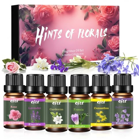 Shyllin Set de Aceites Esenciales,6X10ml, Lavanda, Rosa, Gardenia, Lirio Del Valle, Osmanto, Fresia, Aceite Aromático,Adecuado para Difusores, Humidificadores y Velas Caseras (Flores, 6x10ml)