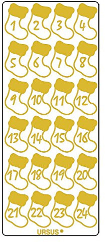 Ursus 593000124 - Kreativ Sticker Adventskalender, Stiefelchen gold, 5 Stickerbögen mit Zahlen von 1 bis 24, selbstklebend, leicht abziehbar, zum Nummerieren von selbstgemachten Adventskalendern