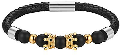 JewelryWe Leder Armband Herren Krone: King & Queen Lederarmband Gold Krone schwarz Onyx Achat Kugel Perlen Echtleder geflochten Armreif Freundschaft Partner Armband mit Silber Edelstahl Verschluss