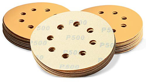 SPEEDWOX Lot de 50 disques abrasifs à 8 trous de 12,7 cm - Grain 500 - Sans poussière - Pour ponceuse orbitale aléatoire - Jaune - Pour le travail du bois automobile