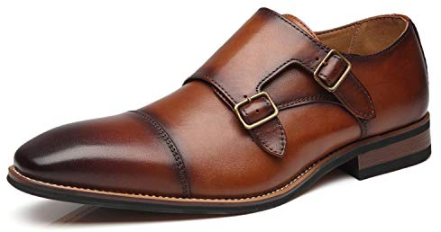 La Milano Mens Double Monk Strap Slip on Loafer Cap Toe Leather Oxford Formal Business Casual Comfortable Dress Shoes for Men Brown