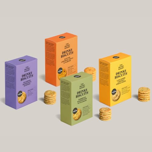The Drinks Bakery Discerning Drinker’s Gift Set - Luxury Biscuits Expertly Paired with Drinks - Award-Winning Savory Snacks as Seen on Dragons’ Den - Made in Scotland - 4 x 110g Pack.