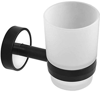 Kapitan Optimo Toothbrush Holder Wall Mounted, Self Adhesive or Screw Mounting, Stainless Steel with black ABS Plastic, Frosted Glass Tumbler, Made in EU, 20 Years Warranty