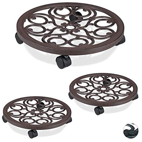 Relaxdays 3 x Pflanzenroller rund, Metall, Gefäßroller für innen & außen, antik, Ø 38 cm, Rolluntersetzer Blumentopf, braun