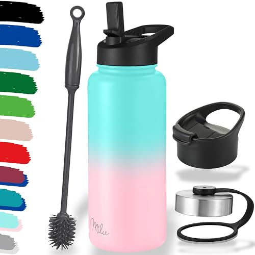 Milu Bouteille en acier inoxydable 500ml, 750ml, 1000ml (+3 couvercles) - Bouteille thermo avec paille, bouteille d'eau, pour boissons chaudes, froides et gazeuses (rose menthe, 1l)