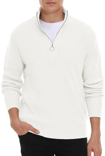Hisir Pullover Herren Strickpullover 1/4 Zip Pulli Männer, Bequem Weich Warmer Winter Pullover für Männer Herren Pullover mit Stehkragen mit Reißverschluss (Weiß, L)