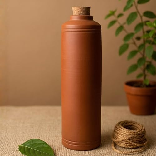 SWADESHI BLESSINGS Exclusive Range Unglazed HandMade Clay Water Bottle With Clay Cork/Earthen Water Bottle/Mud Bottles/Mitti Ke Bottles/Ayurvedic Item (With Mirror Finish) + ASH For Cleaning(1 Liter)