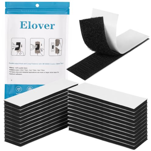Elover Klettstreifen mit Kleber, 2,5cm X 10cm, 15 Paare | Selbstbefestigend, Wiederverwendbar, Klebriger Rückenverschluss, Anstelle von Löchern und Schrauben