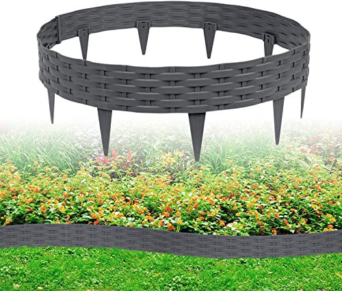 ACXIN 5m Rasenkante Beeteinfassung Gartenpalisade in Rattan-Optik mit 5 Elemente á 100 cm Beetumrandung Gartenpalisade Rund Kunststoff Palisaden UV-beständig (5 Stück, Anthrazit)