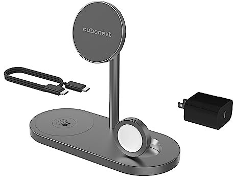CubeNest kabelloses Ladegerät 3-in-1 kompatibel mit Apple iPhone 12/1314/15, AirPods, Apple Watch | 20W Schnellladegerät | robuste Aluminiumverarbeitung