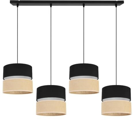Light-Home Juta Hängelampe - Deckenlampe - Pendelleuchte aus Metall mit Lampenschirm aus Stoff - E27 - Klassisch 4-Flammig 20 cm - Schwarz Untersatz - Jute Schwarz