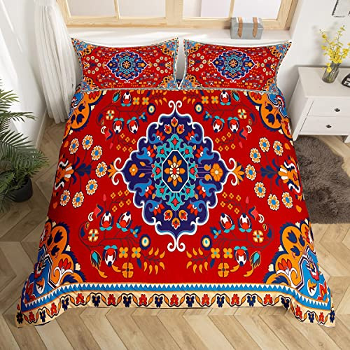 Homewish Vintage Bed Set Persian Duvet Cover Blue Oriental Medallion Bedding Double Boho Turkish Comter Himalayas Bohemian Microfiber Cozy Red Decotive 3 Pieces Zipper Closure (LWHS5876CSH-TJ_UKd)