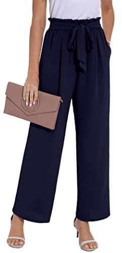 Damenhose Mit Hoher Taille Elastische Taille Freizeithose Locker Weites Bein Damenhosen Mit Taschen (Marineblau, M)